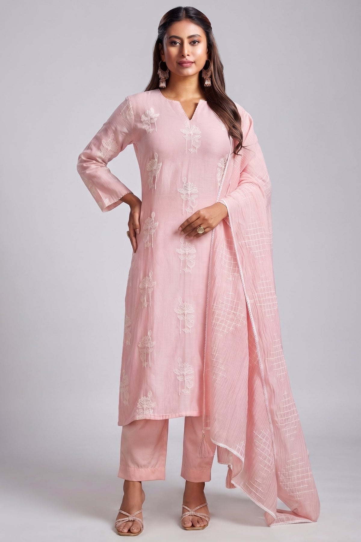 Light Pink Cotton Mul Embroidery Straight Cut Kurta Set