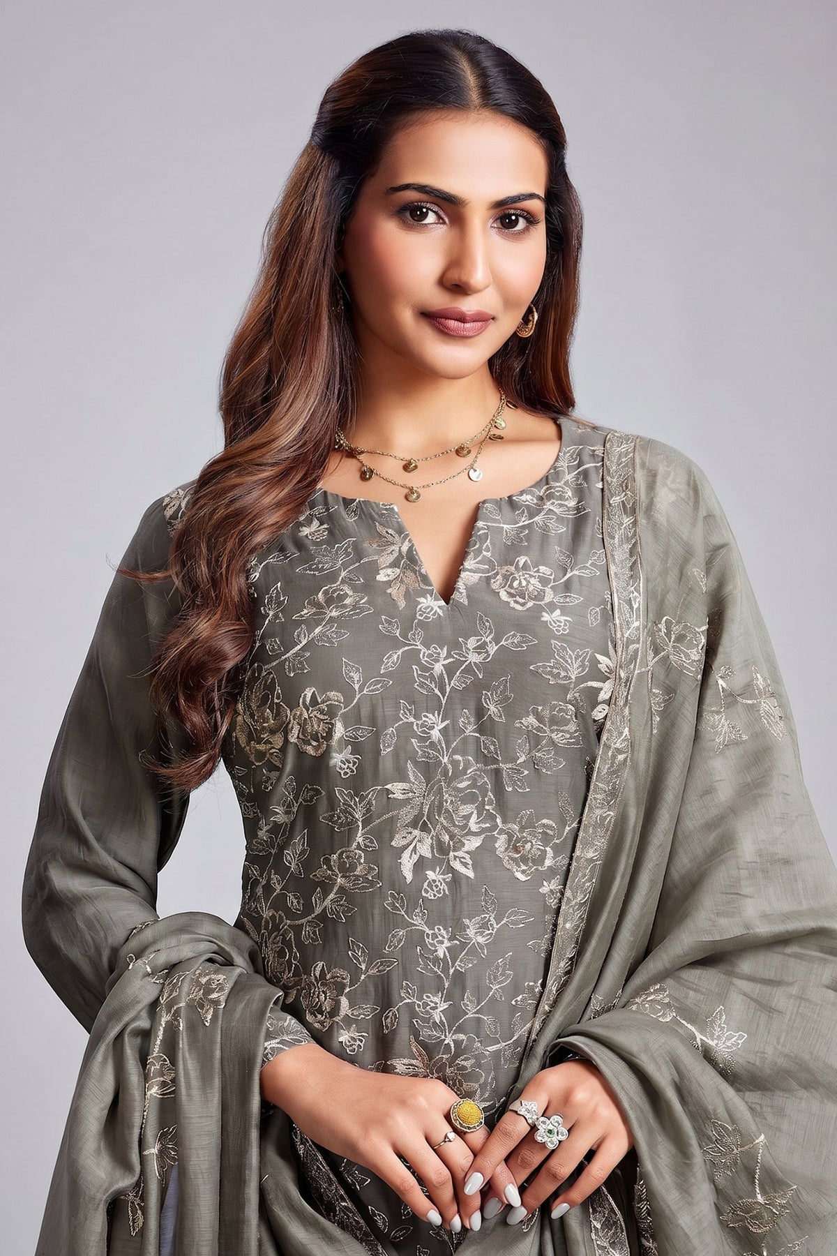 Sage Grey Cotton Mul Embroidered Straight Cut Kurta Set