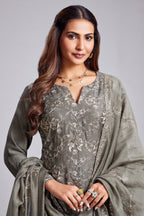 Sage Grey Cotton Mul Embroidered Straight Cut Kurta Set