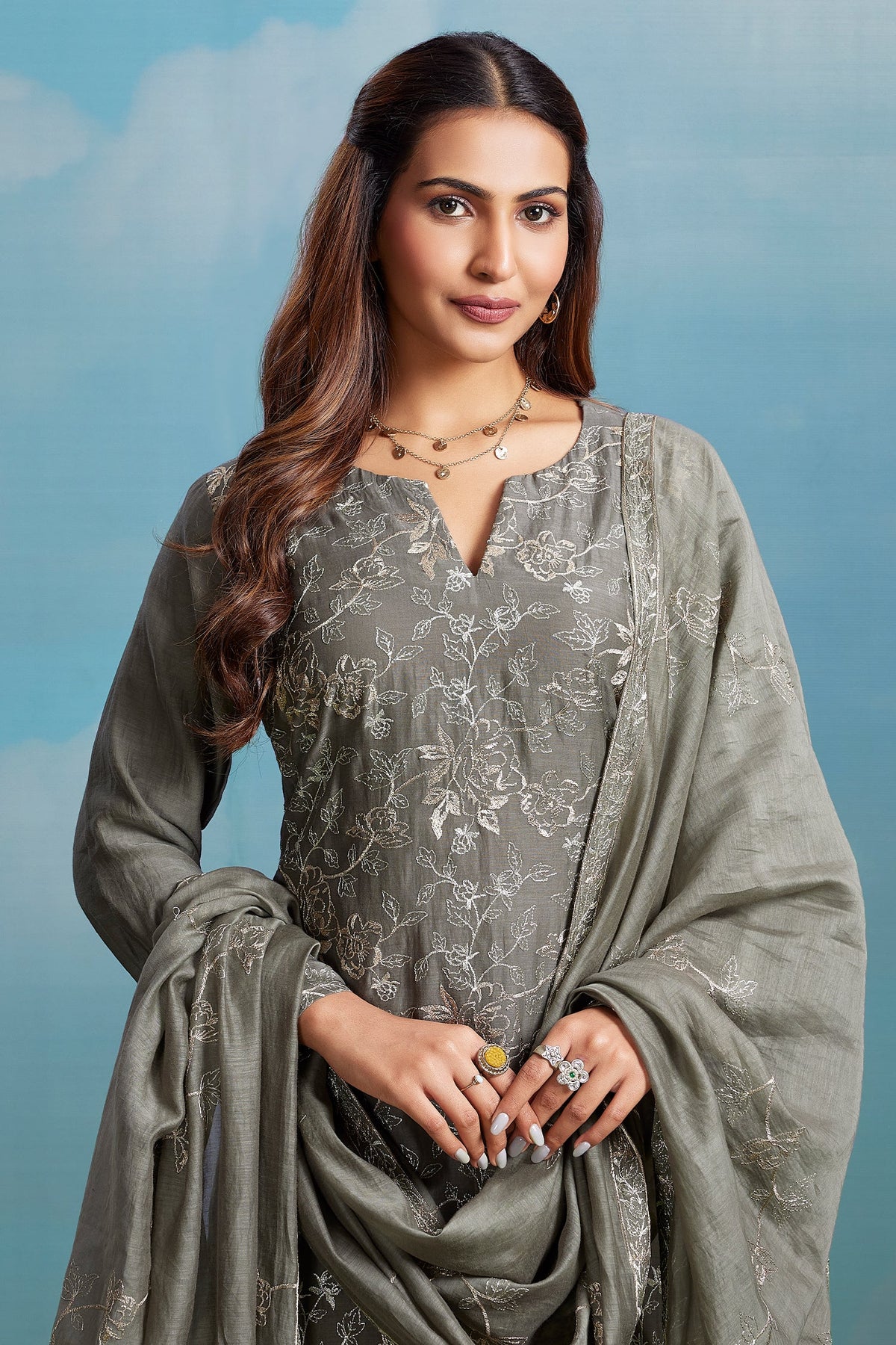 Sage Grey Cotton Mul Embroidered Straight Cut Kurta Set
