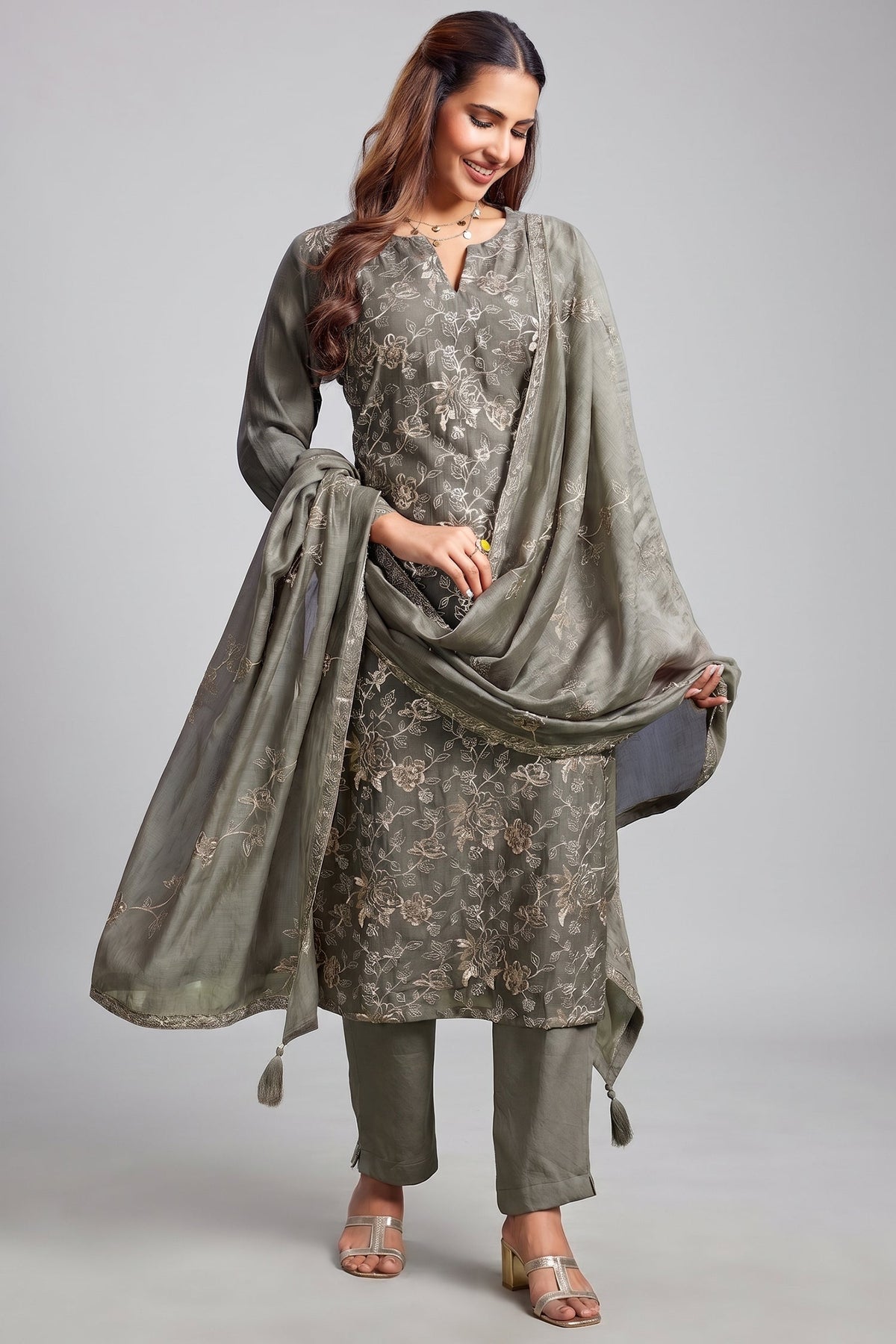 Sage Grey Cotton Mul Embroidered Straight Cut Kurta Set