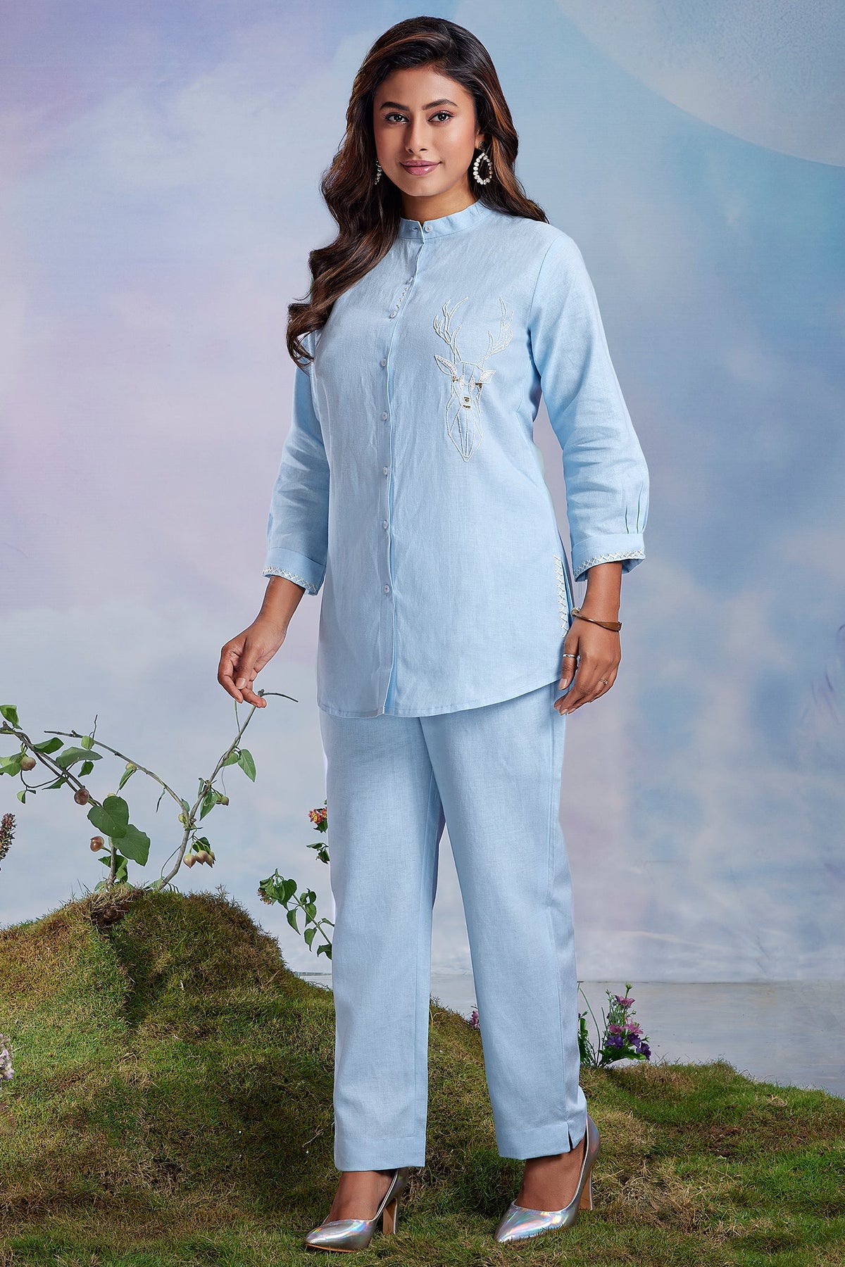 Blue Linen Cutdana Worked Co-Ord Set