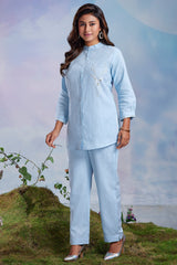 Blue Linen Cutdana Worked Co-Ord Set