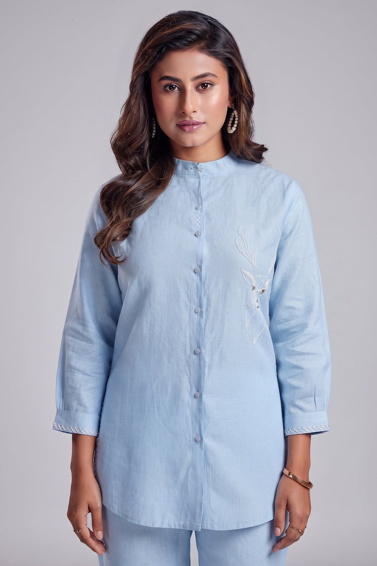 Blue Linen Cutdana Worked Co-Ord Set