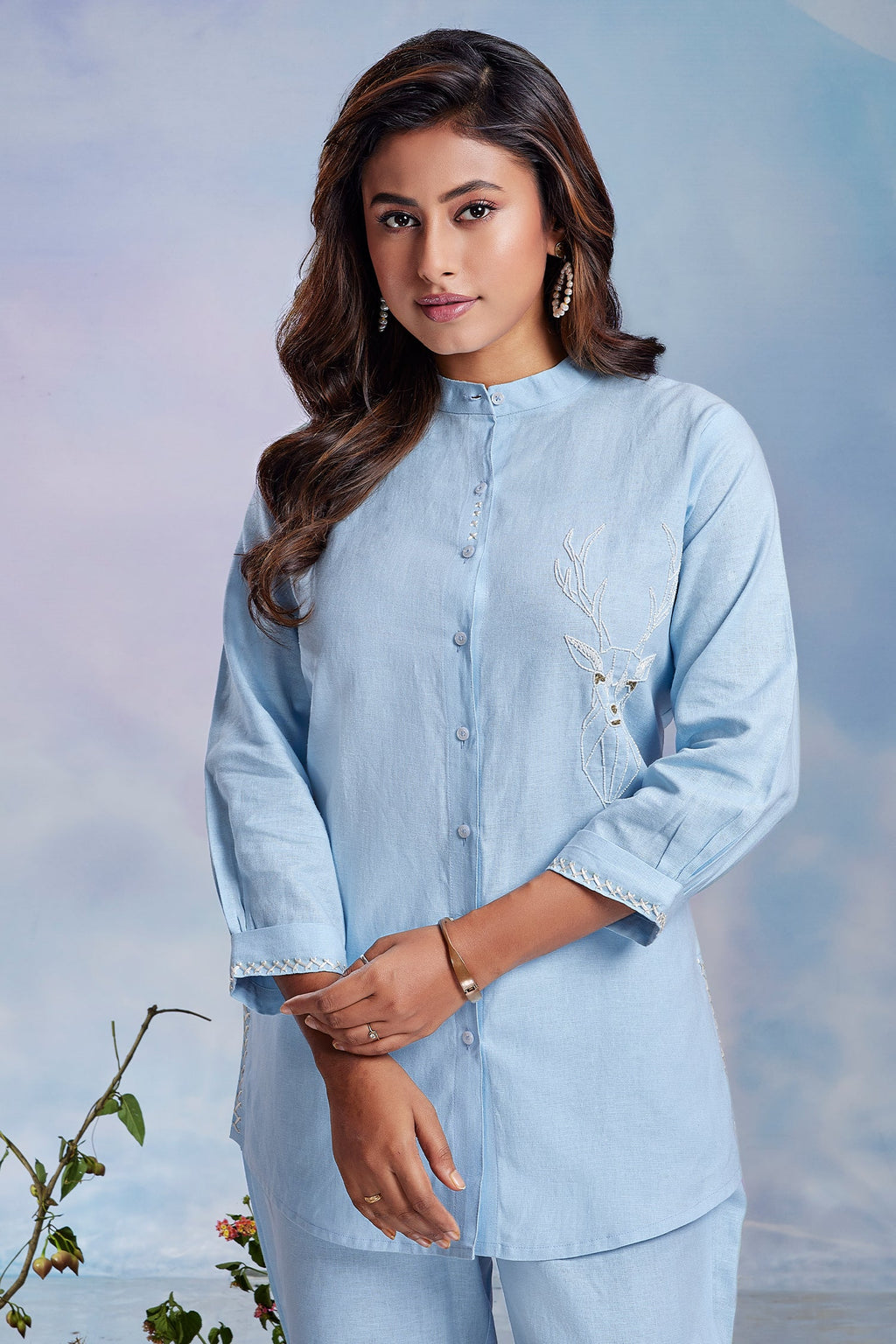 Blue Linen Cutdana Worked Co-Ord Set