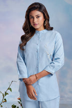 Blue Linen Cutdana Worked Co-Ord Set