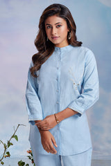 Blue Linen Cutdana Worked Co-Ord Set