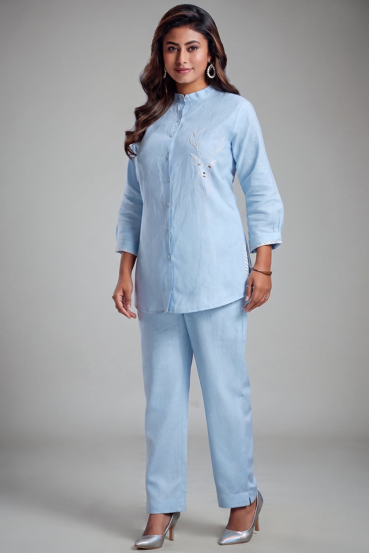 Blue Linen Cutdana Worked Co-Ord Set