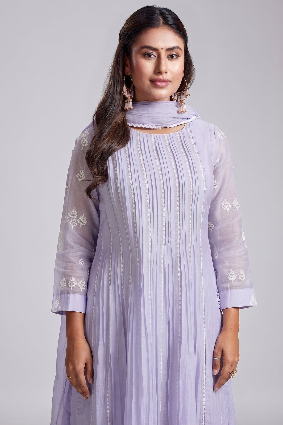 Lavender Purple Mul Cotton Thread Embroidered Slit Cut Kurta Set
