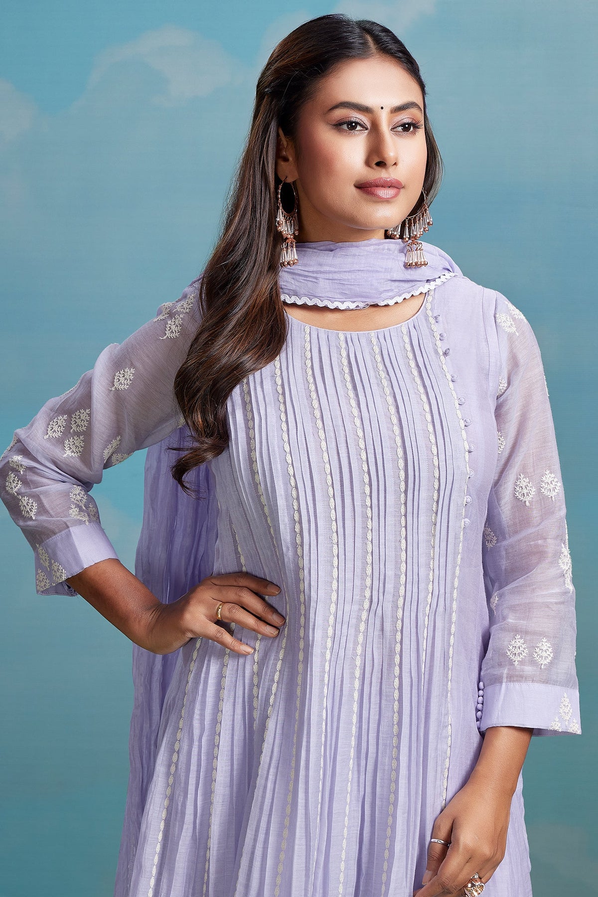 Lavender Purple Mul Cotton Thread Embroidered Slit Cut Kurta Set