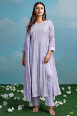 Lavender Purple Mul Cotton Thread Embroidered Slit Cut Kurta Set