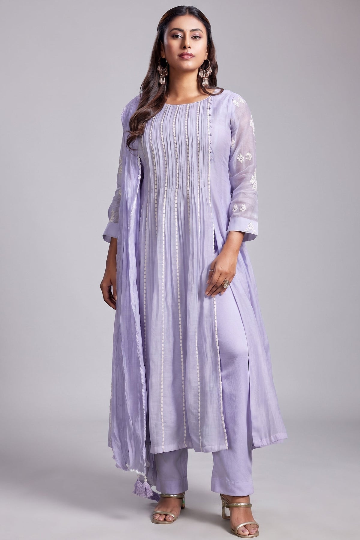 Lavender Purple Mul Cotton Thread Embroidered Slit Cut Kurta Set