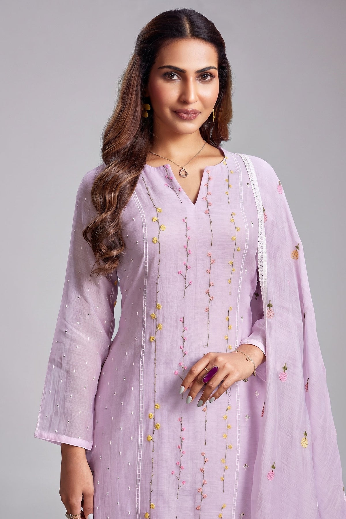 Lilac Purple Mul Cotton Thread Embroidered Straight Cut Kurta Set