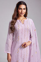 Lilac Purple Mul Cotton Thread Embroidered Straight Cut Kurta Set