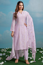 Lilac Purple Mul Cotton Thread Embroidered Straight Cut Kurta Set