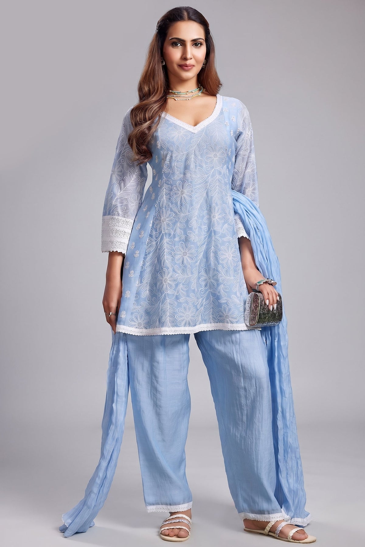 Powder Blue Mul Cotton Thread Floral Embroidered Salwar Set