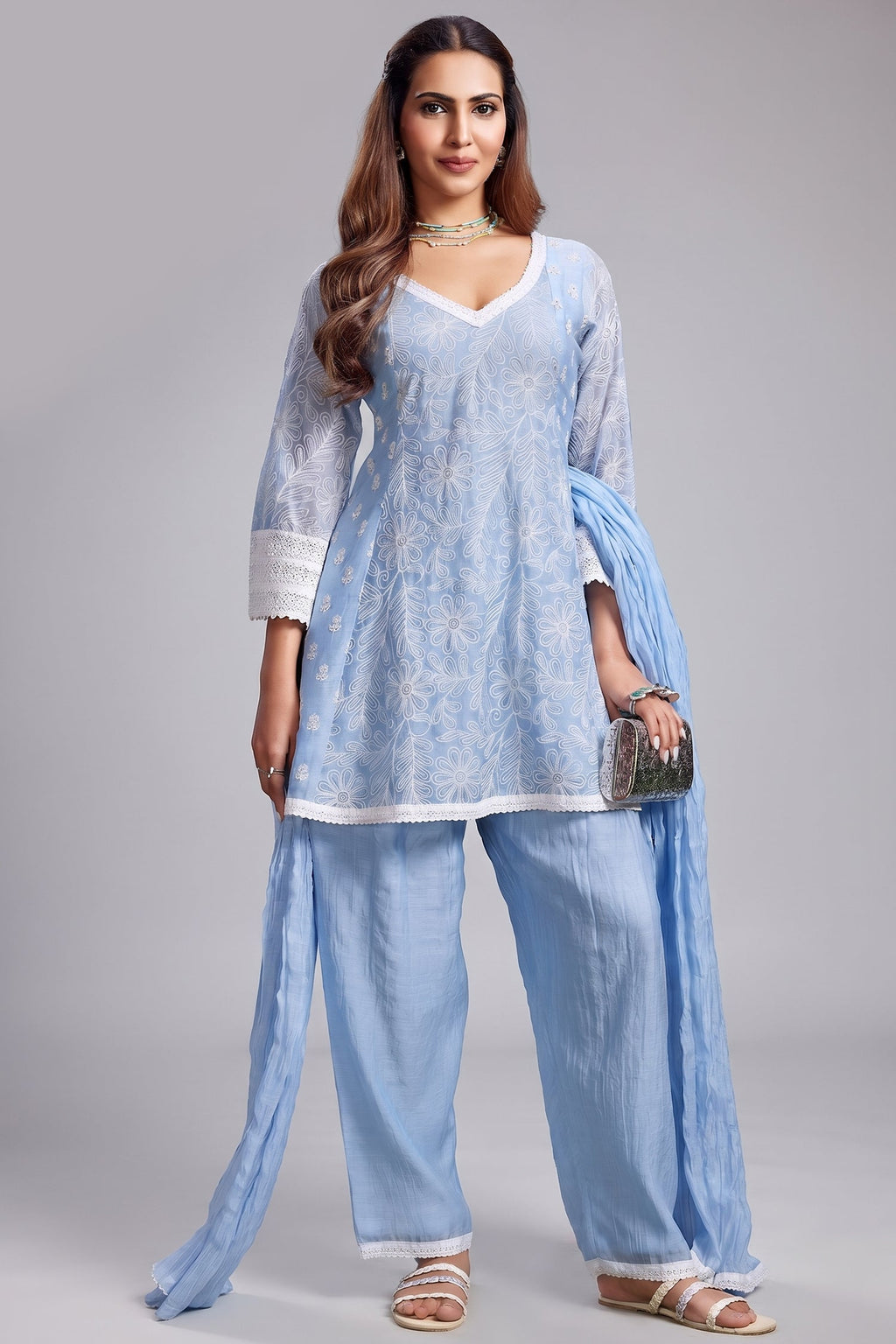 Powder Blue Mul Cotton Thread Floral Embroidered Salwar Set