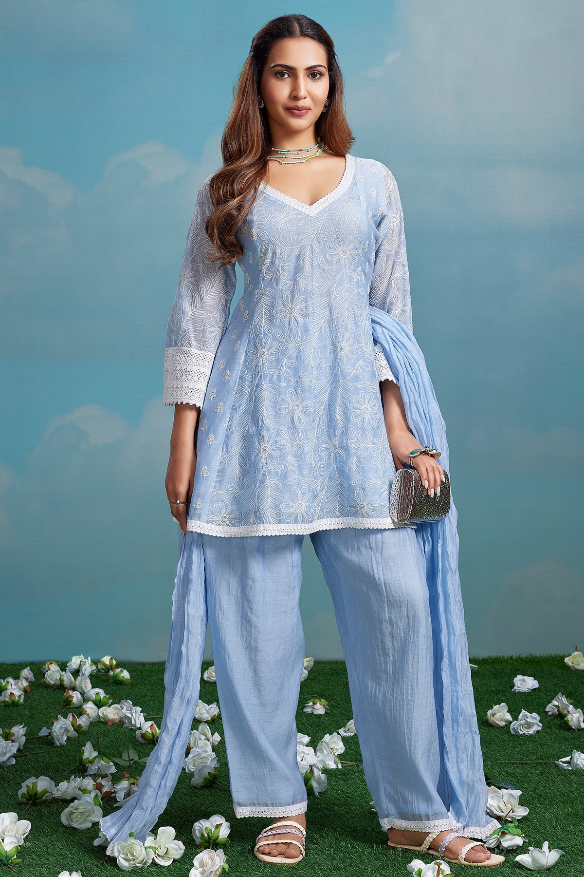 Powder Blue Mul Cotton Thread Floral Embroidered Salwar Set