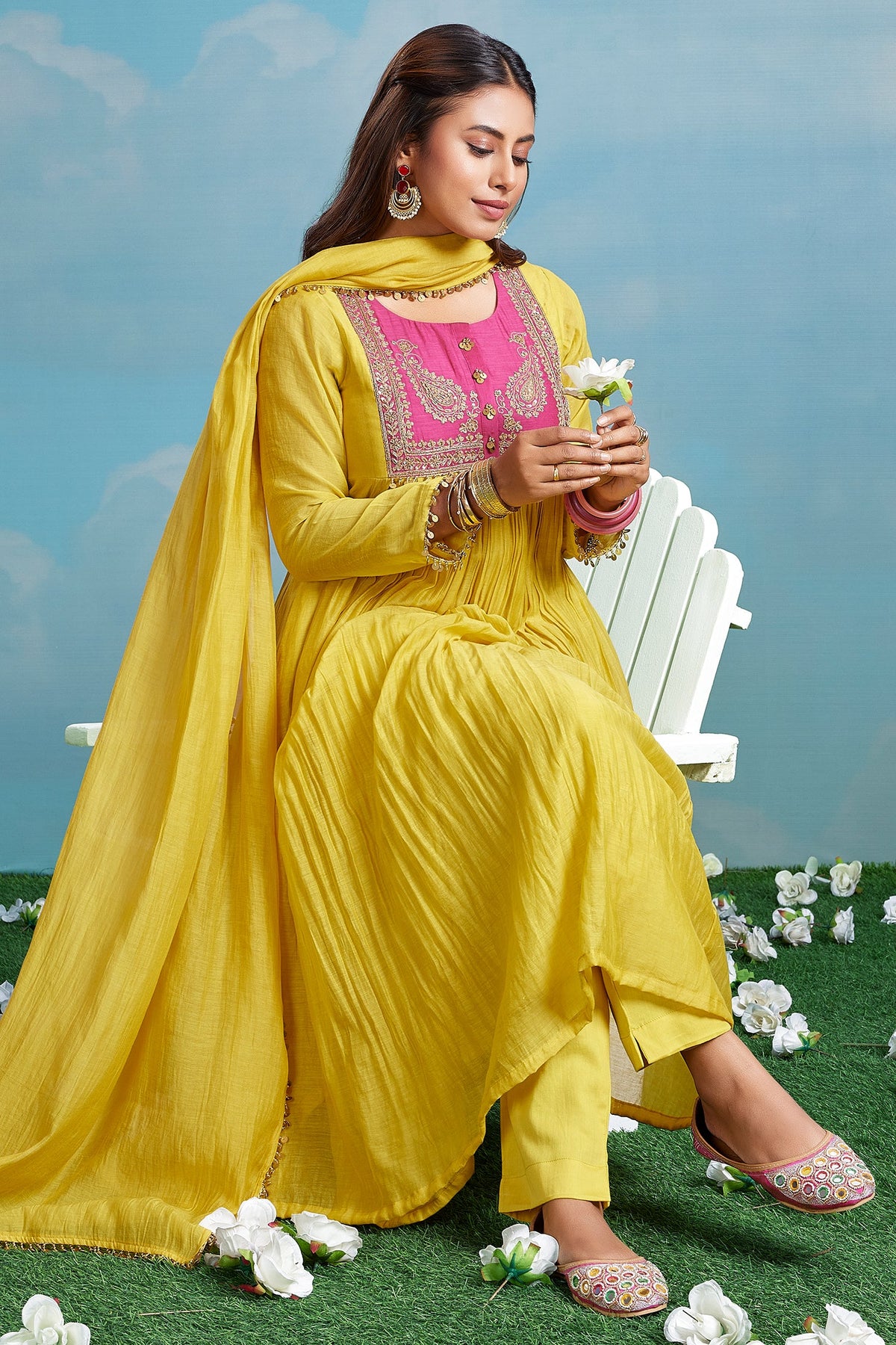 Yellow Mul Cotton Sequin Worked Anarkali Set