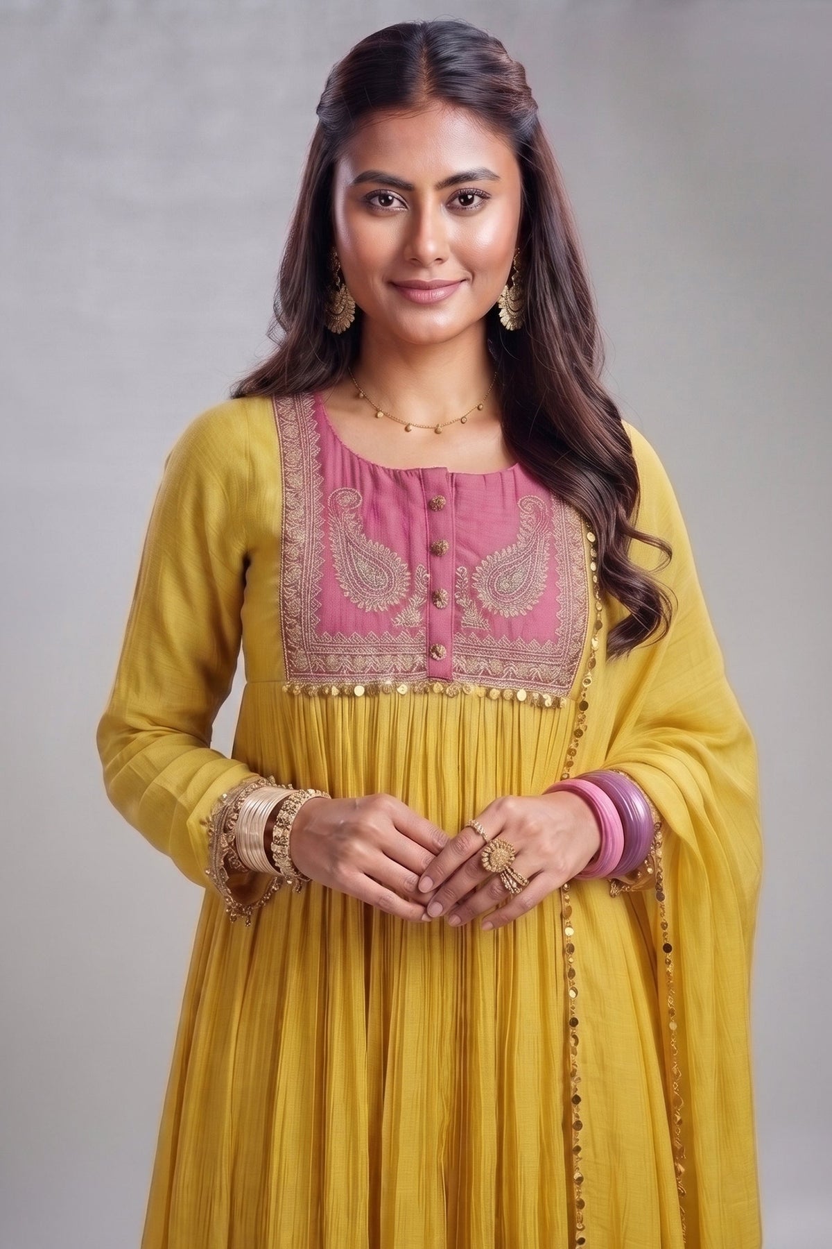 Yellow Mul Cotton Sequin Worked Anarkali Set