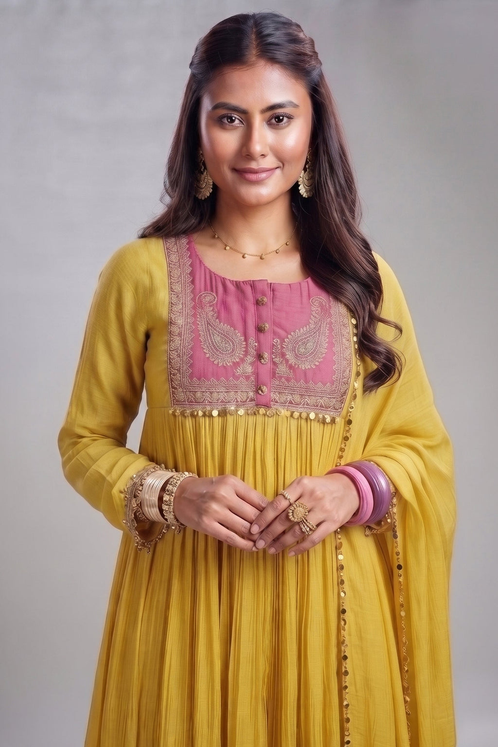 Yellow Mul Cotton Sequin Worked Anarkali Set