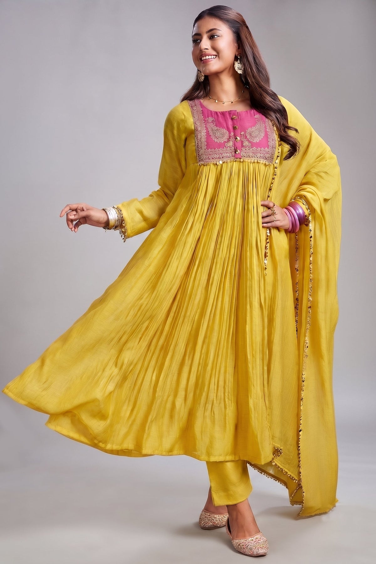 Yellow Mul Cotton Sequin Worked Anarkali Set