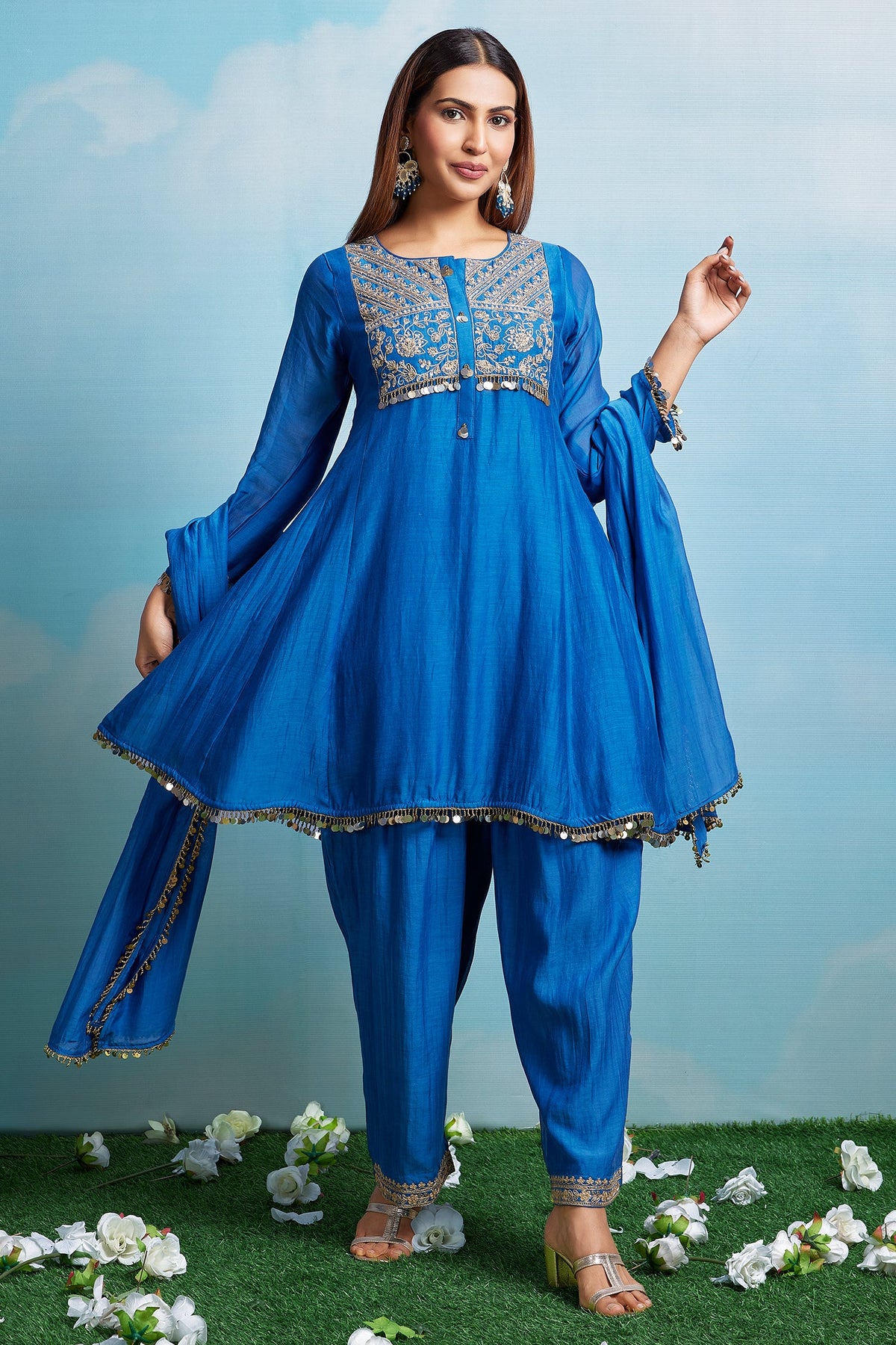 Blue Mul Cotton Sequin Embroidered Salwar Set