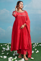 Red Mul Cotton Pleated Embroidery Anarkali Kurta Set
