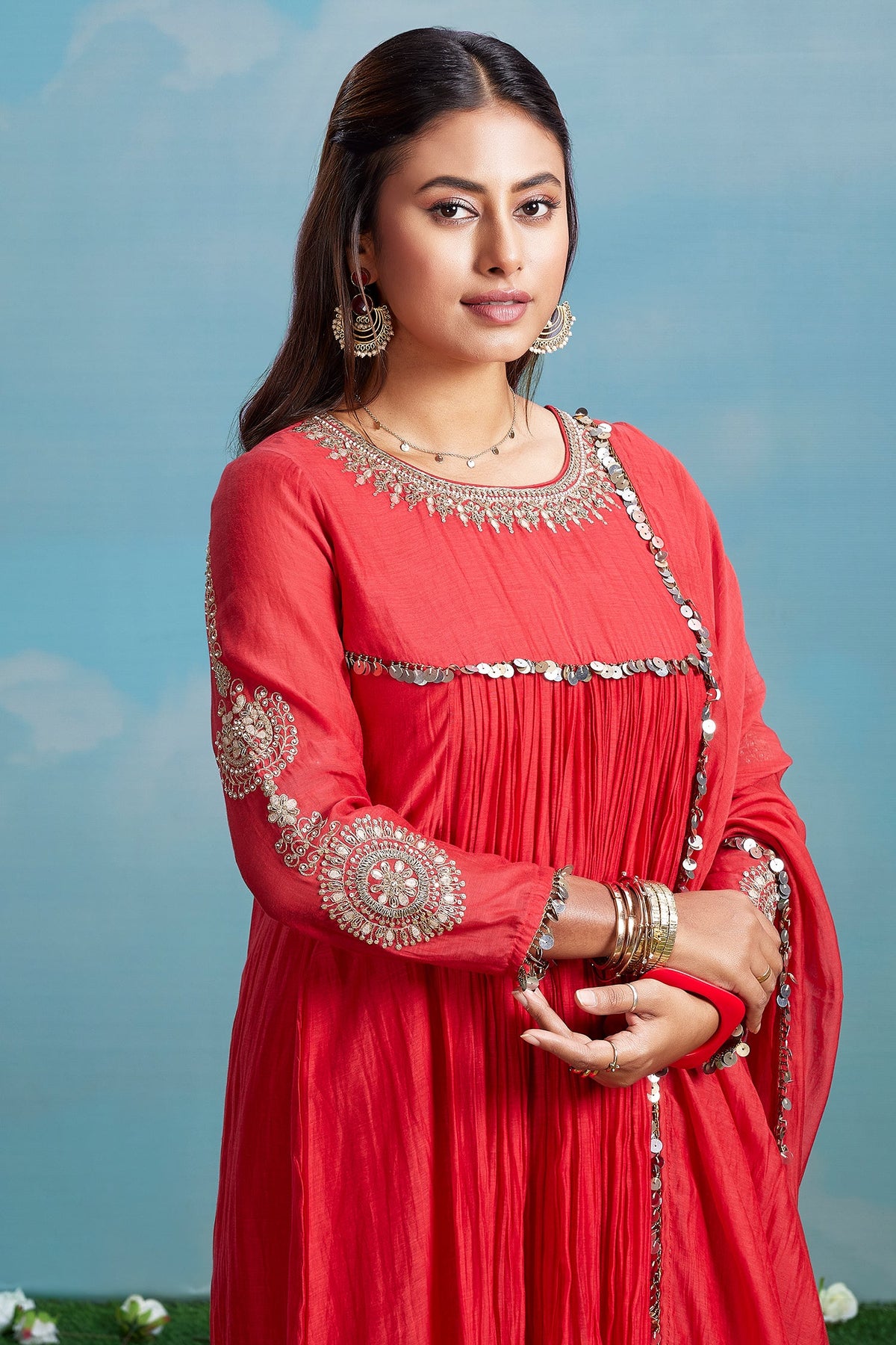 Red Mul Cotton Pleated Embroidery Anarkali Kurta Set