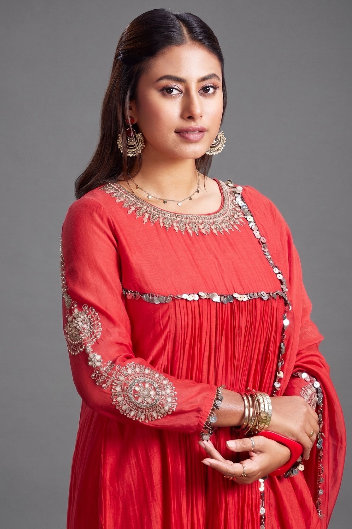 Red Mul Cotton Pleated Embroidery Anarkali Kurta Set