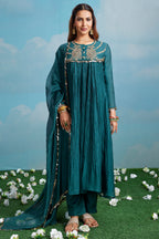Teal Green Mul Cotton Sequin Embroidered Anarkali Set