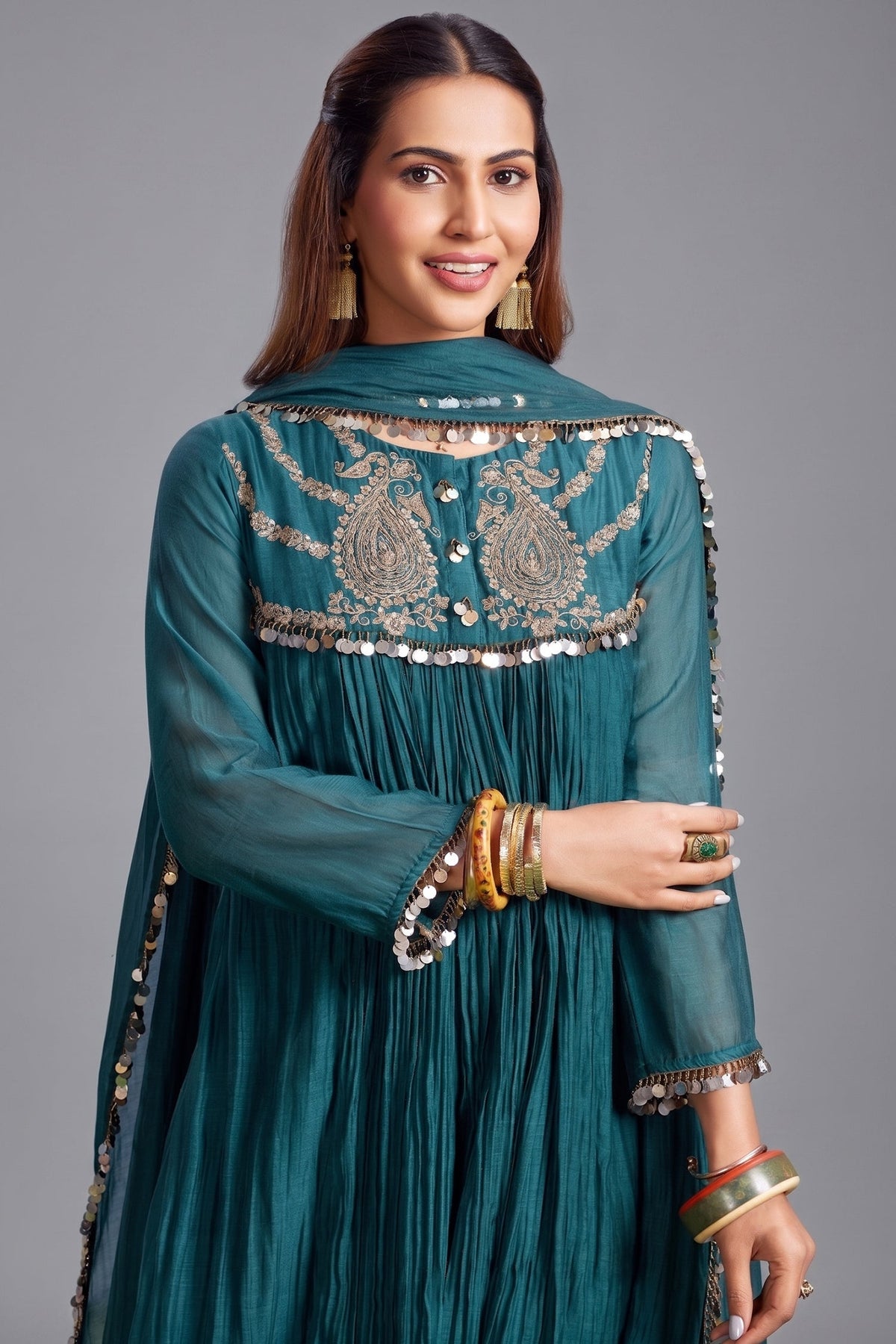 Teal Green Mul Cotton Sequin Embroidered Anarkali Set