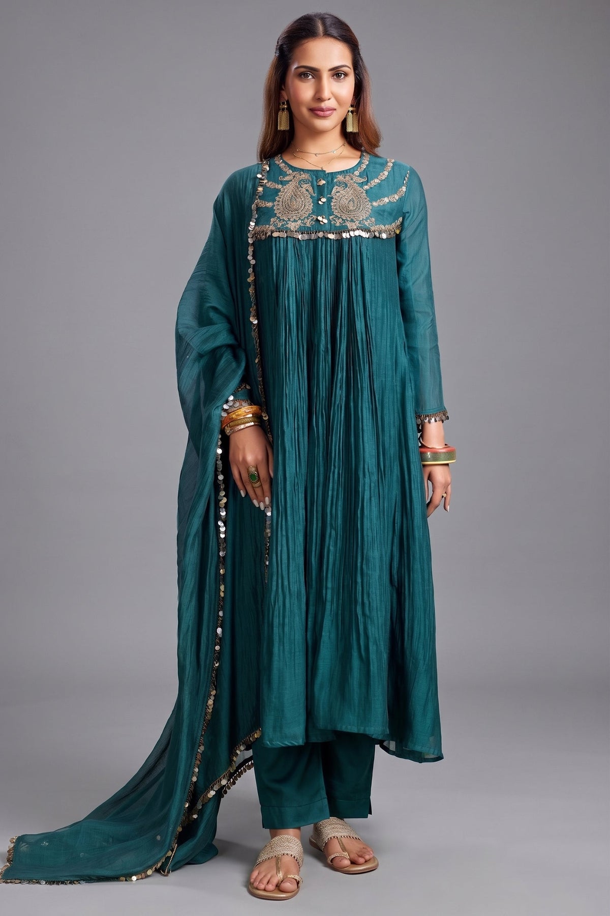 Teal Green Mul Cotton Sequin Embroidered Anarkali Set