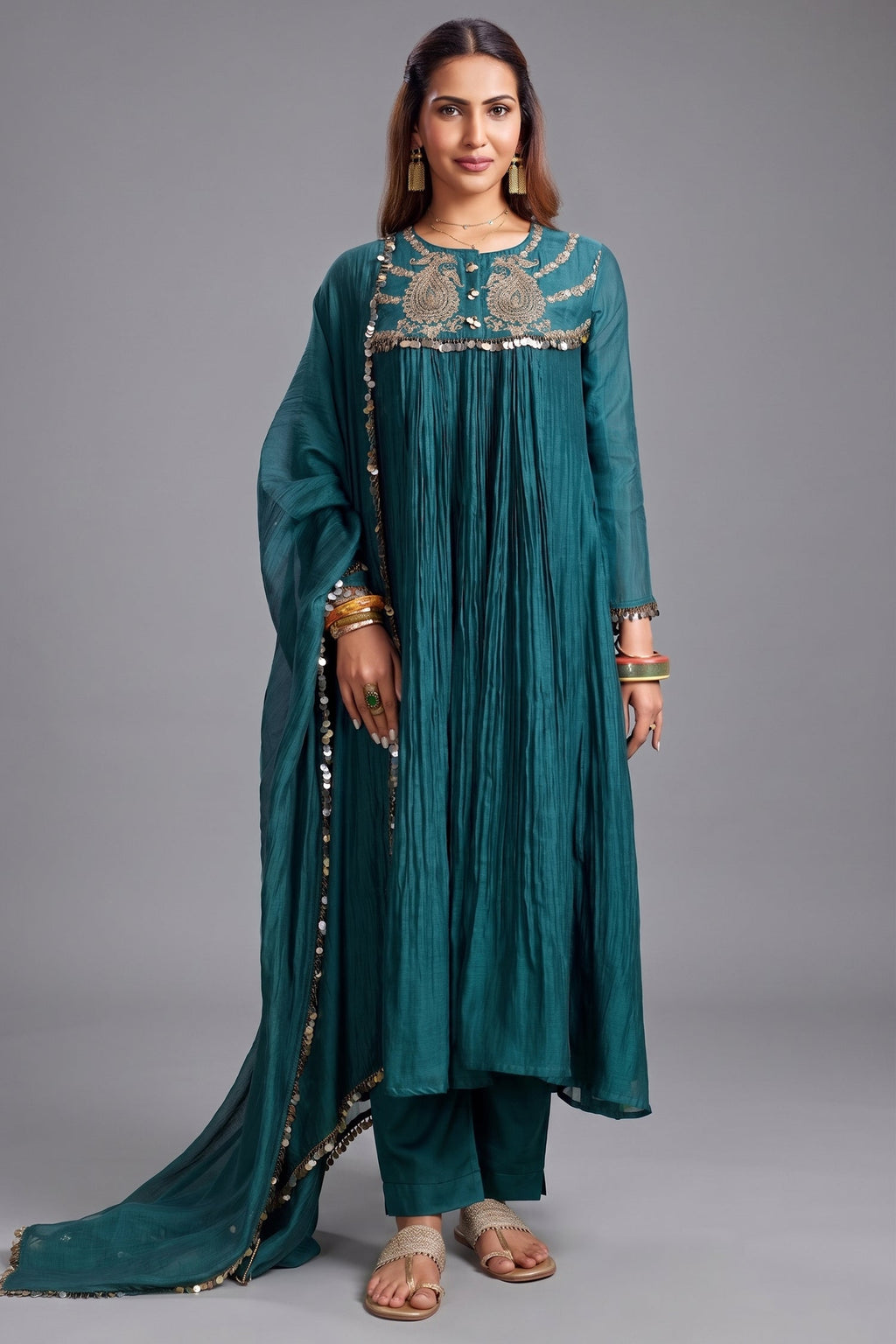 Teal Green Mul Cotton Sequin Embroidered Anarkali Set