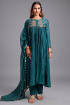 Teal Green Mul Cotton Sequin Embroidered Anarkali Set