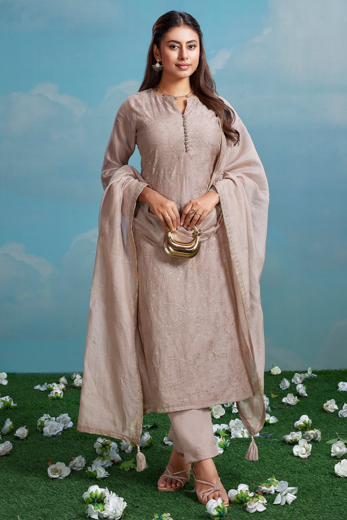 Rose Brown Mul Cotton Sequin Embroidery Straight Cut Kurta Set