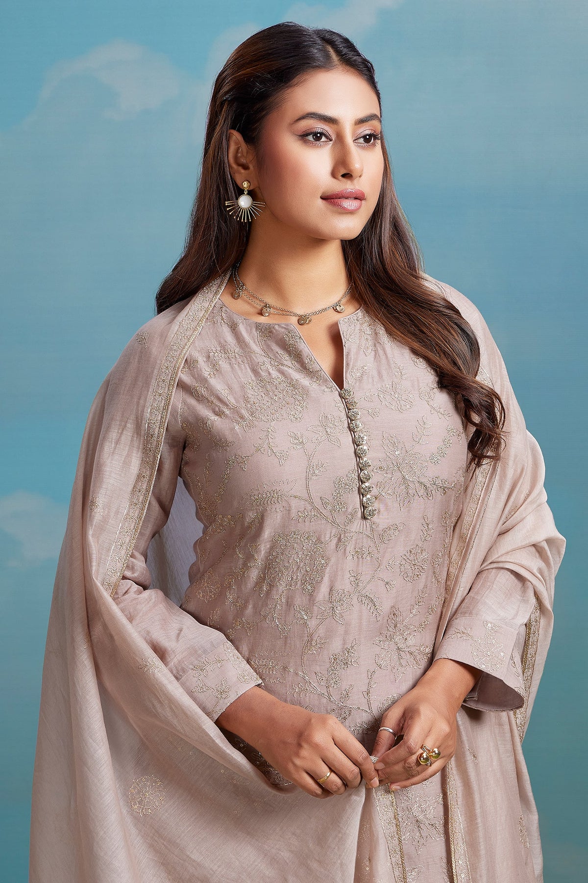 Rose Brown Mul Cotton Sequin Embroidery Straight Cut Kurta Set