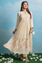 Ivory White Mul Cotton Floral Motif Flared Anarakli Set