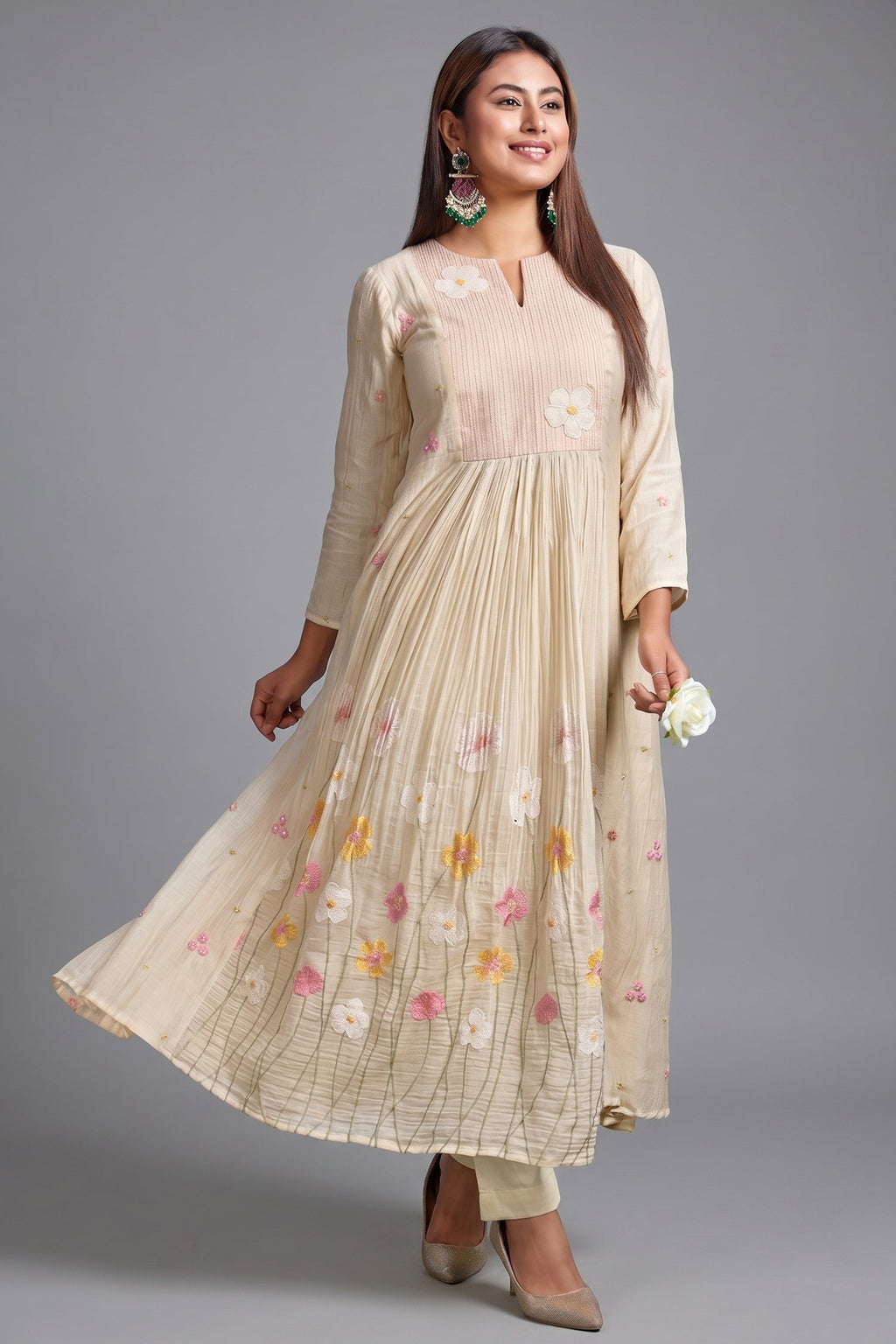 Ivory White Mul Cotton Floral Motif Flared Anarakli Set