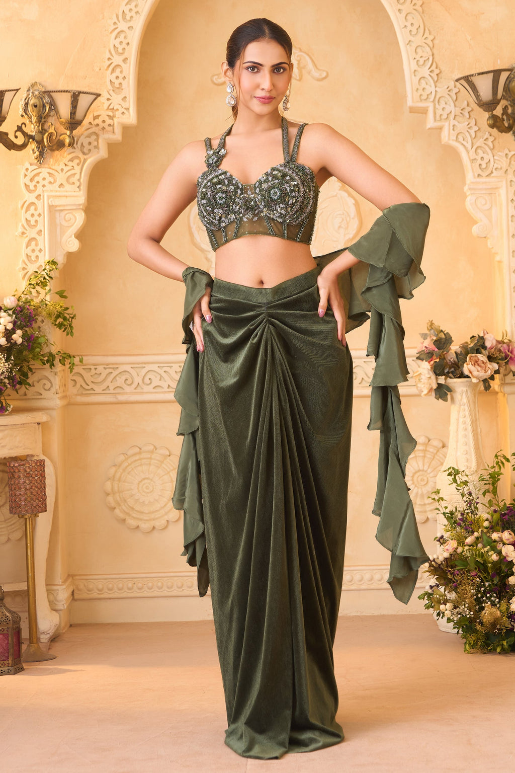 Dark Olive Green Net Hand-Embellished Bustier Draped Skirt Set with Cascading Ruffled Dupatta