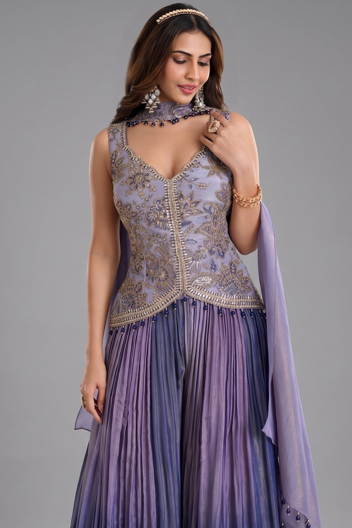 Lavender Tissue Silk Sequin Embroidered Palazzo Suit