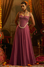 Dusty Pink Georgette Sweet Heart Neck Mirror Embroidery Co-Ord Set with Shells