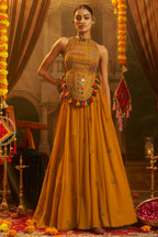 Mustard Georgette Mirror Embroidered Halter Neck Co-Ord Set with Shells