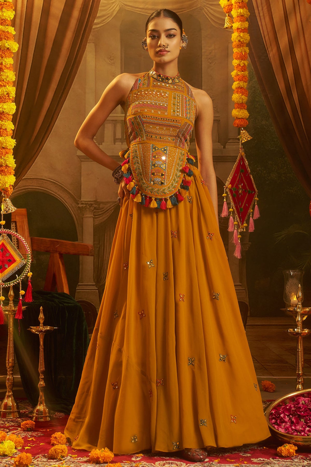 Mustard Georgette Mirror Embroidered Halter Neck Co-Ord Set with Shells