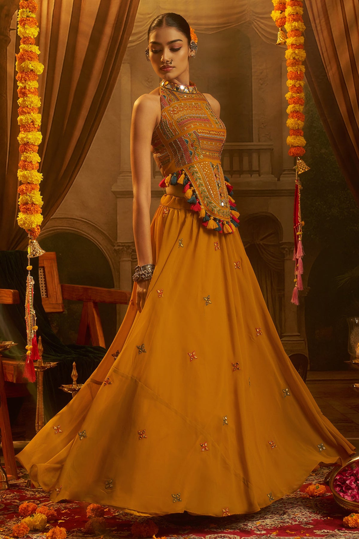 Mustard Georgette Mirror Embroidered Halter Neck Co-Ord Set with Shells