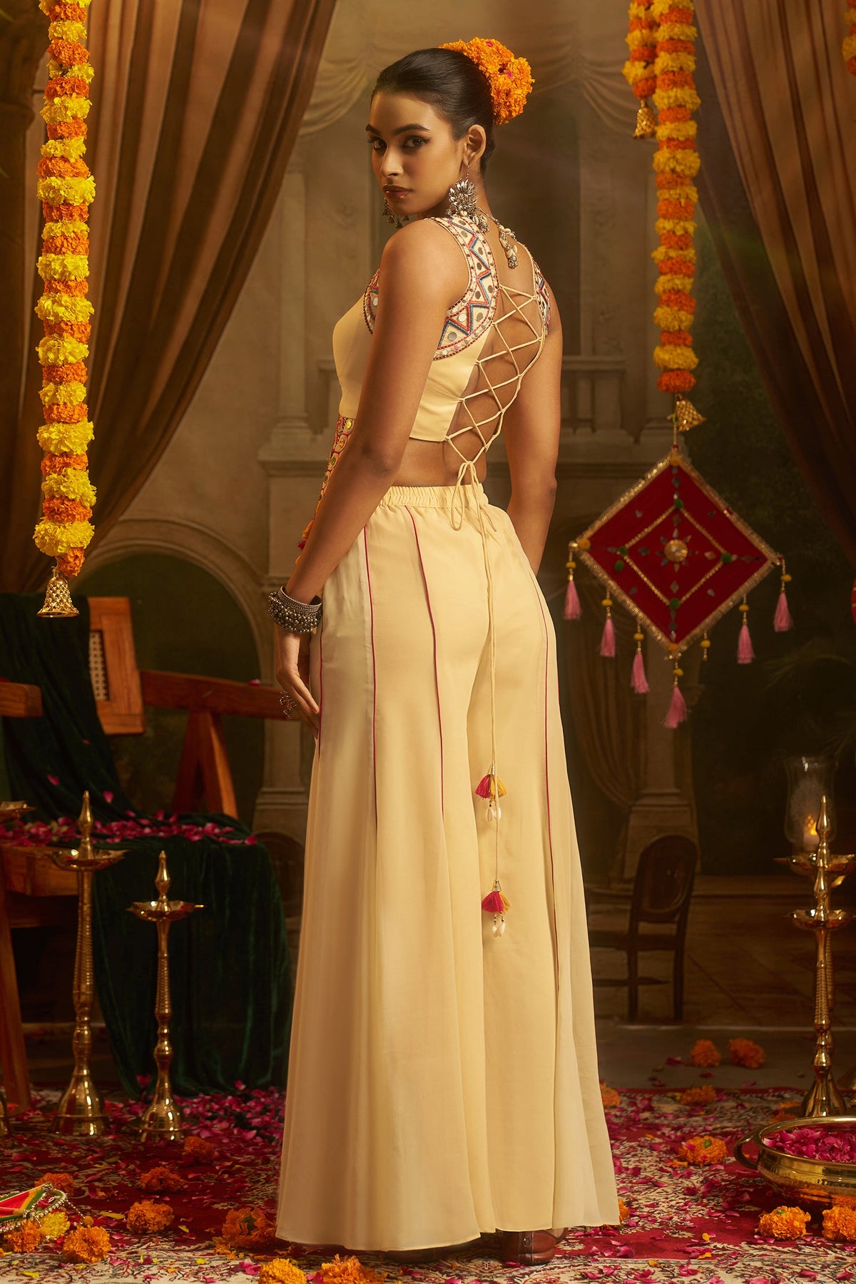 Cream Embroidery Mirror Worked Co-Ord Set with Mirror Work