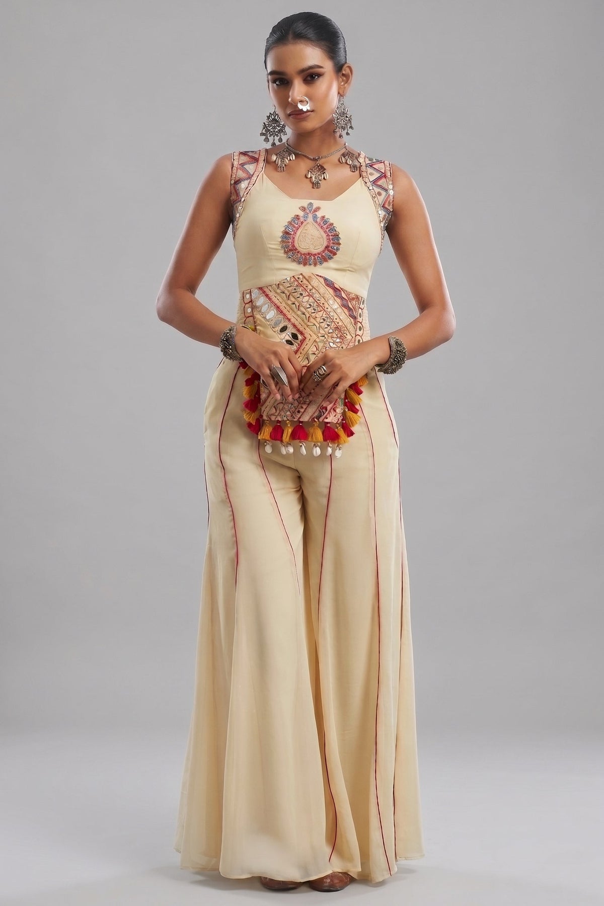 Cream Embroidery Mirror Worked Co-Ord Set with Mirror Work