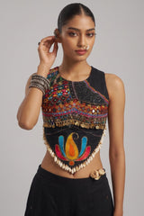 Black Georgette Mirror Embroidery Work Co-Ord Set with Shells