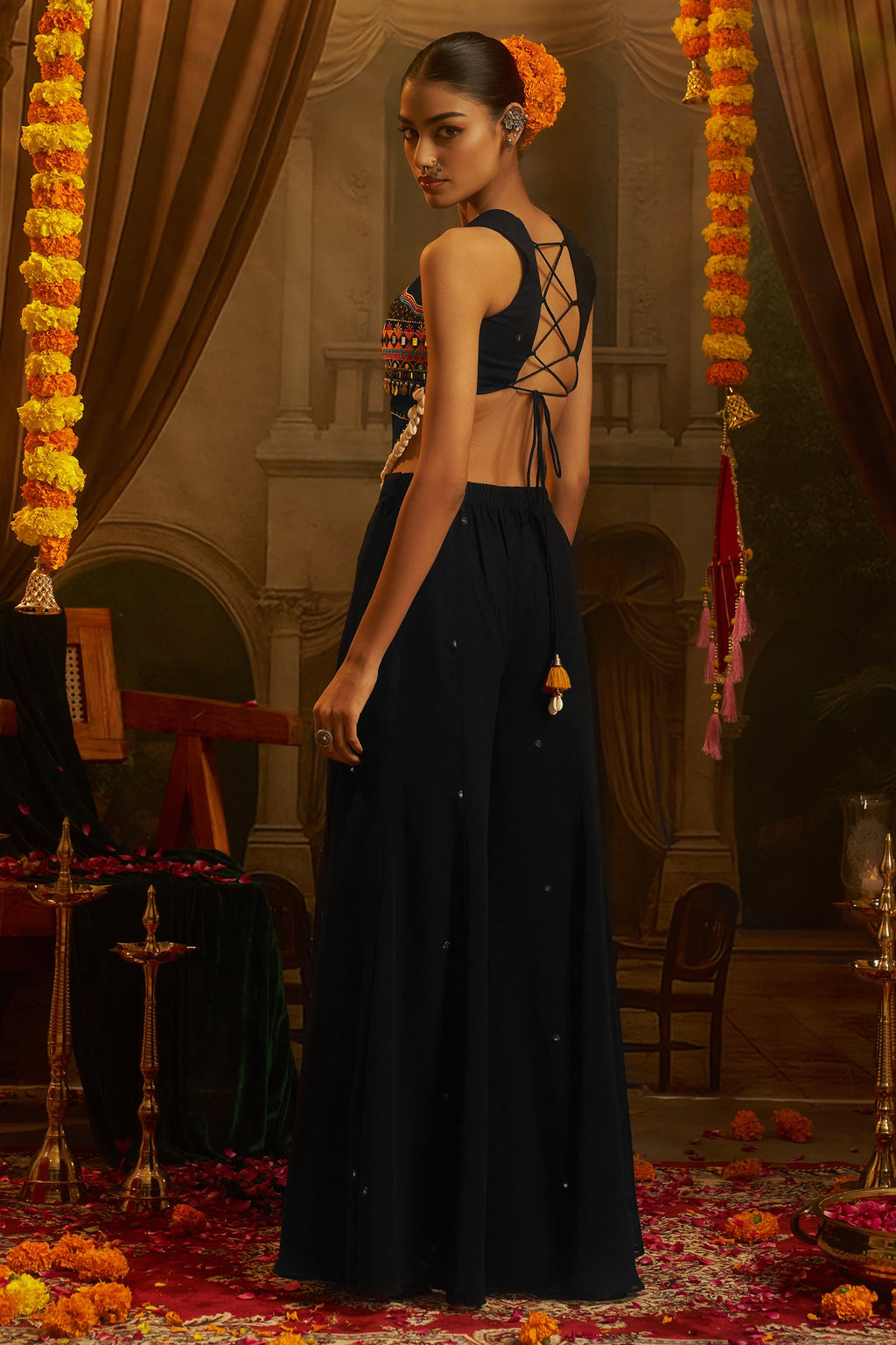 Black Georgette Mirror Embroidery Work Co-Ord Set with Shells