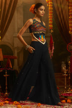 Black Georgette Mirror Embroidery Work Co-Ord Set with Shells